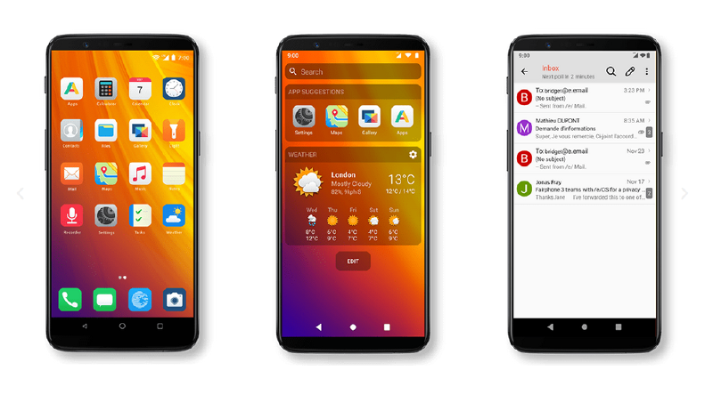 A screenshot from e/OS/ website with home screen and applications